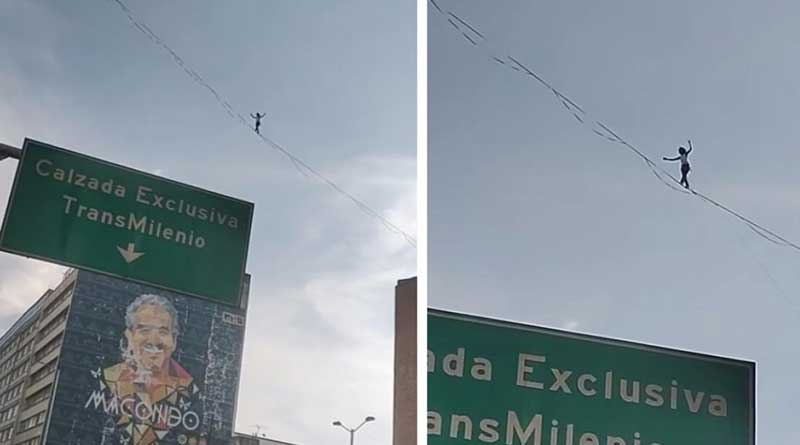 ¡IMPRESIONANTE! Trapecista cruza sobre avenida en Bogotá (+ Video)