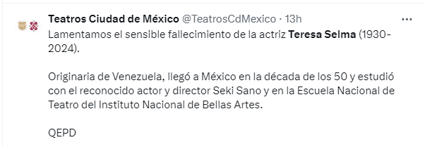 En México lamentaron la partida de Teresa Selma. Foto X